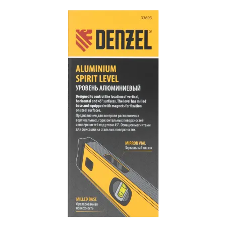 Уровень алюминиевый DENZEL магнит., фрезерованный, 3 глазка (1 зеркал.), 0,5 мм/м, 1000 мм