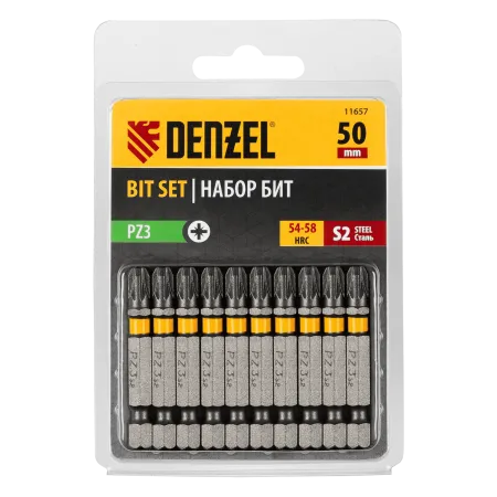 Бита DENZEL PZ3х50, сталь S2, шестигранный профиль, 10 шт. Е 6,3