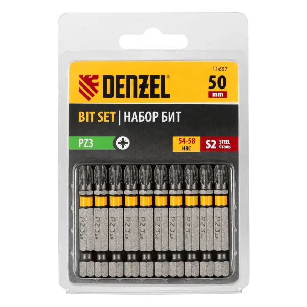 Бита DENZEL PZ3х50, сталь S2, шестигранный профиль, 10 шт. Е 6,3