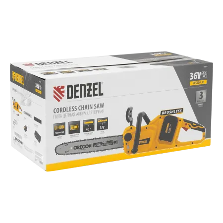Аккумуляторная цепная пила DENZEL RCS400-36, Li-ion, 36 В, 4 Ач, шина 400 мм, бесщеточная