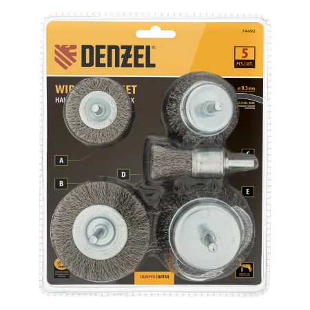 Набор щеток для дрели DENZEL, 2 Плоские 50-75мм, 3 Чашки 25-50-75мм, шпилька,  нерж.вит. проволока