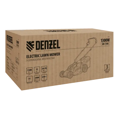 Газонокосилка электрическая DENZEL GM-1300, 1300 Вт, шир. 32 см, 5 уров., травосб. 35 л