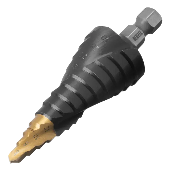 Сверло ступенчатое DENZEL, 6-8-10-12-14-16-18-20-22-24-26-28-30мм, Р6М5, 6-гр. хвостовик