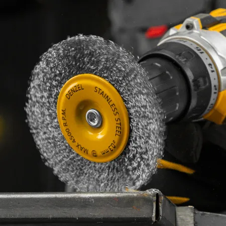 Щетка для дрели DENZEL 100 мм, Плоская, со шпилькой, нержавеющая витая проволока