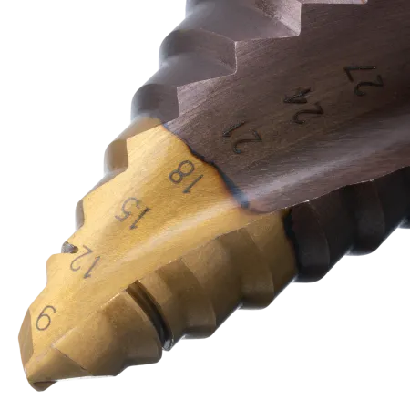 Сверло ступенчатое DENZEL, 9-12-15-18-21-24-27-30-33-36 мм, Р6М5К5, 6-гр. хвостовик