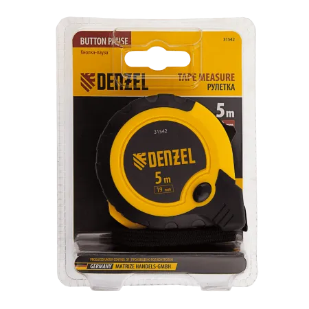 Рулетка DENZEL 5м х 19мм, двухкомп. корпус, кнопка-пауза