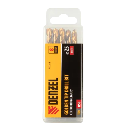 Сверло по металлу DENZEL 7,5 мм, HSS-Tin, Golden Tip, 8 шт.