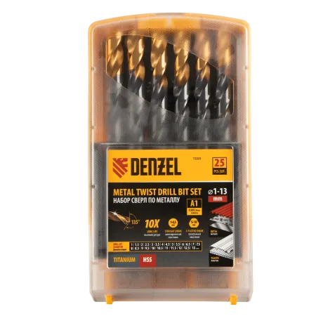 Набор сверл по металлу DENZEL 1-13 мм, HSS-Tin, Golden Tip, 25 шт