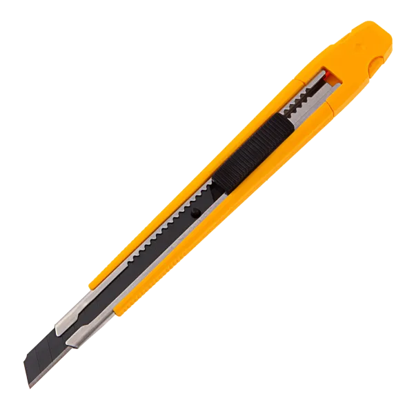 Нож DENZEL 9 мм, сменное лезвие, SK4, метал. направляющая, клипса, нажимной фиксатор