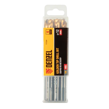 Сверло по металлу DENZEL 12 мм, HSS-Tin, Golden Tip, 6 шт.