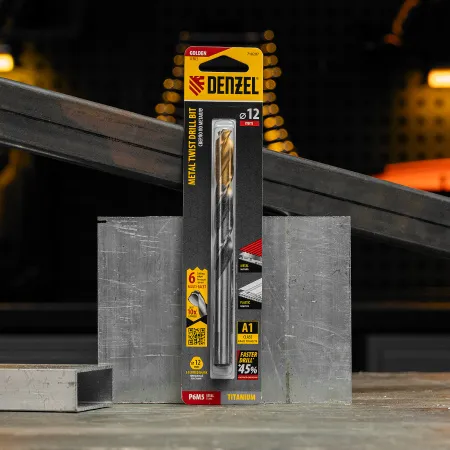 Сверло спиральное по металлу DENZEL 12 x 151 мм, Р6М5, Golden Tip, многогранная заточка