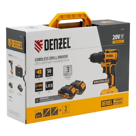 Дрель-шуруповерт аккумуляторная бесщет. DENZEL CDH-BL-20, Li-Ion, 20 В