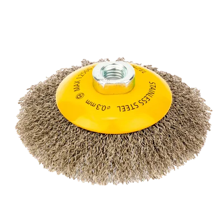 Щетка для УШМ DENZEL 746163, 125 мм, «тарелка», витая нержавеющая проволока 0.3 мм, М14