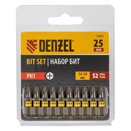 Бита DENZEL PH1х25, сталь S2, шестигранный профиль, 10 шт. Е 6,3