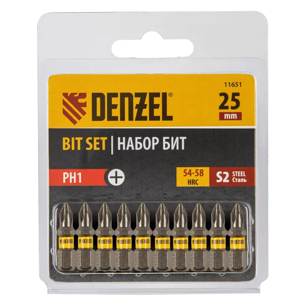 Бита DENZEL PH1х25, сталь S2, шестигранный профиль, 10 шт. Е 6,3