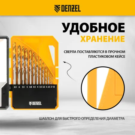 Набор сверл по металлу DENZEL, 1,5-6,5мм, Р6М5-TiN, Golden Tip, 13 шт