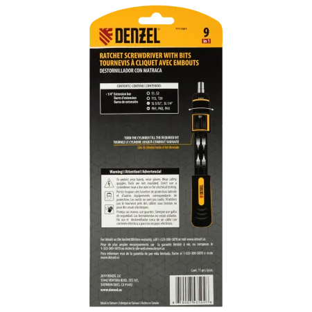 Отвертка реверсивная с револьверным механизмом DENZEL 11 шт, сталь S2