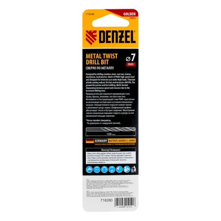 Сверло спиральное по металлу DENZEL 7,0 x 109 мм, Р6М5, Golden Tip, многогранная заточка