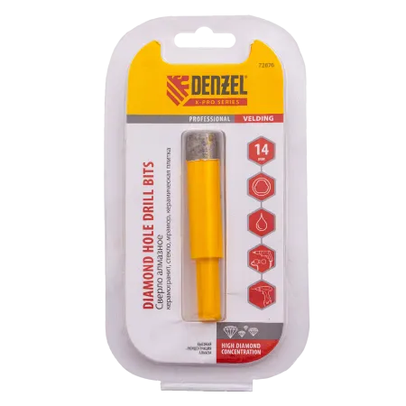 Сверло алмазное по керамограниту DENZEL 72676, 14 мм, мокрая резка, трехгранный хвостовик