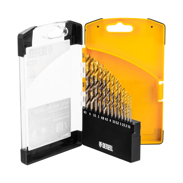 Набор сверл по металлу DENZEL, 1,5-6,5мм, Р6М5К8-TiN, Golden Tip, 13 шт