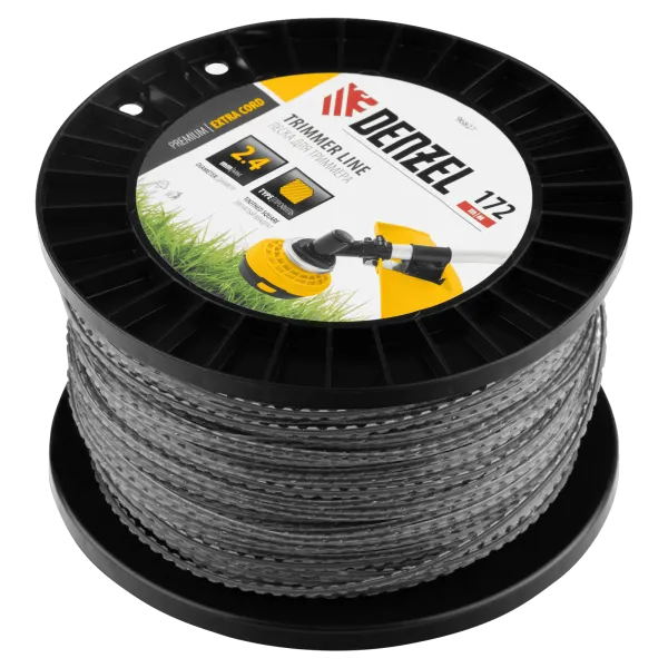 Леска для триммера DENZEL двухкомпонентная зубчатый квадрат, 2,4мм х 172м, на DIN кат. EXTRA CORD
