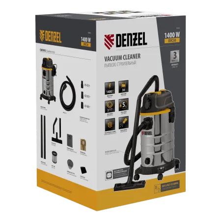Пылесос строительный DENZEL RVC30, 1400 Вт, бак 30 л, шланг 3 м, розетка с автосинхр.