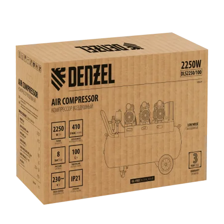 Компрессор безмасляный, малошумный DENZEL DLS 2250/100, 2250 Вт, 3x750, 100 л, 410 л/мин блок управления/ Denzel