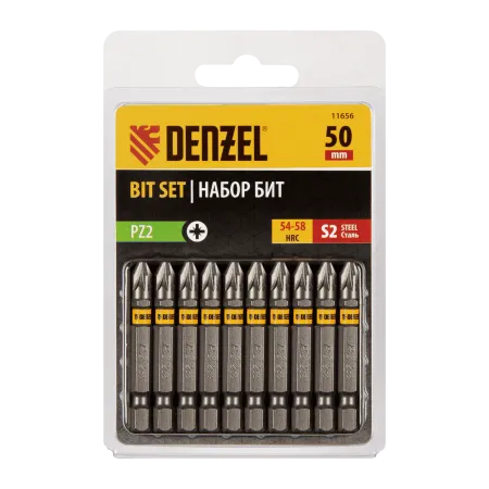 Бита DENZEL PZ2х50, сталь S2, шестигранный профиль, 10 шт. Е 6,3