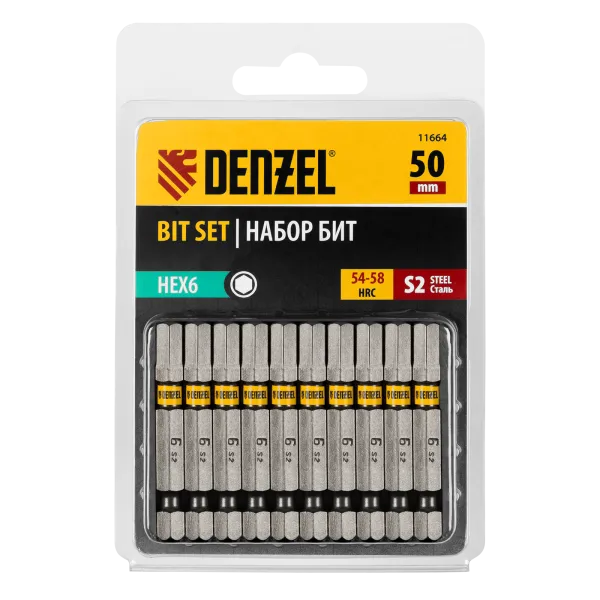 Бита DENZEL PH2х90, сталь S2, цилиндр., 10 шт. Е 6,3