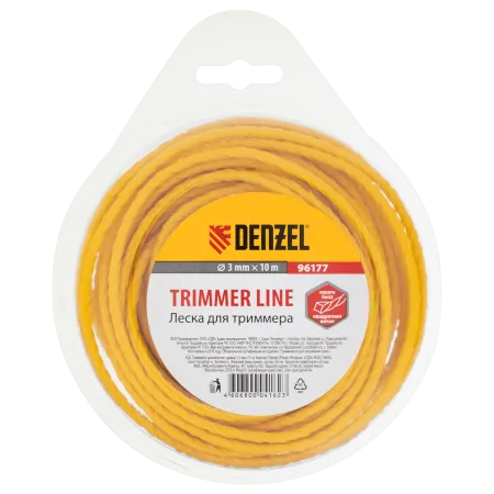 Леска для триммера DENZEL 96177, 3 мм x 10 м, квадратная, витая