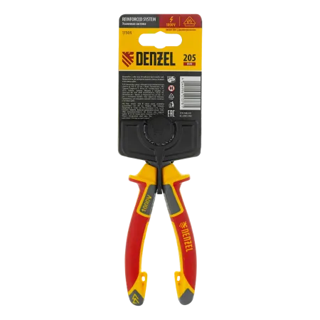 Длинногубцы прямые DENZEL диэлектрические рукоятки до 1000 В, трехкомпонентные рукоятки, 205мм