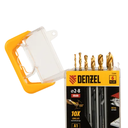 Набор сверл по металлу DENZEL 2-3-4-5-6-8 мм, HSS-Tin, Golden Tip, 6 шт