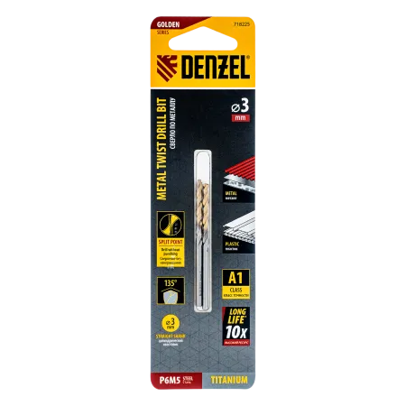 Сверло спиральное по металлу DENZEL 3 x 60 мм, Р6М5, Golden Tip, 2шт.