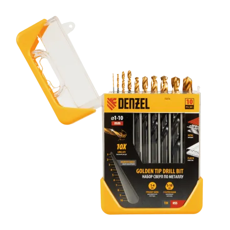 Набор сверл по металлу DENZEL 1-10 мм, HSS-Tin, Golden Tip, 10 шт