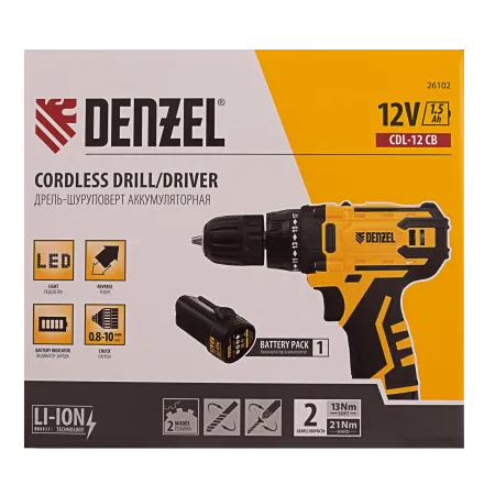 Дрель-шуруповерт аккумуляторная DENZEL CDL-12CB, Li-Ion, 12 В, 1 АКБ