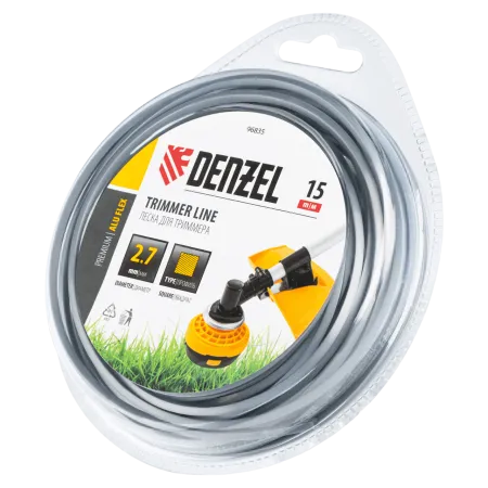 Леска для триммера DENZEL армированная алюминием квадратная, 2,7мм х 15м, блистер ALUFLEX