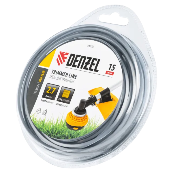 Леска для триммера DENZEL армированная алюминием квадратная, 2,7мм х 15м, блистер ALUFLEX