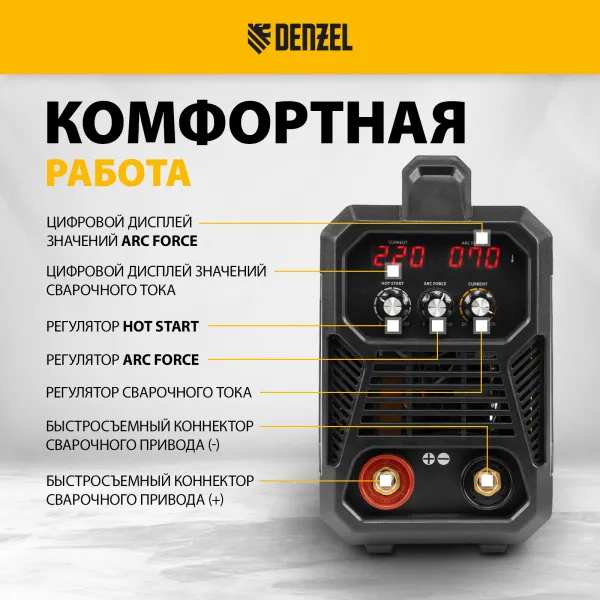 Аппарат инвертор. дуговой сварки DENZEL DM-220 Standart, 220 А, ПВ 60%