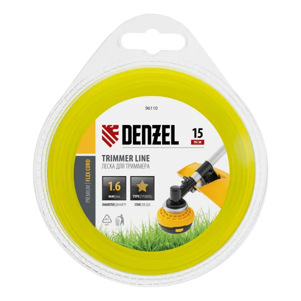 Леска для триммера DENZEL Flex Сord 96110, 1.6 мм x 15 м, звезда, блистер
