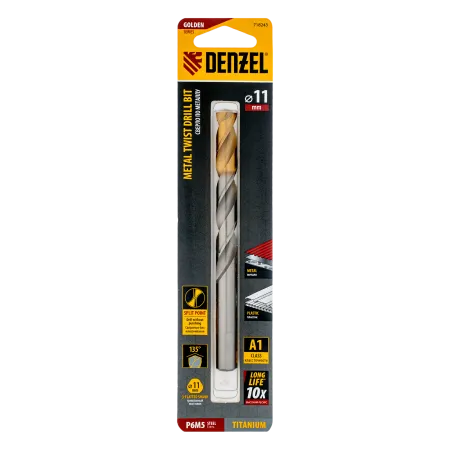 Сверло спиральное по металлу DENZEL 11 x 142 мм, Р6М5, Golden Tip 