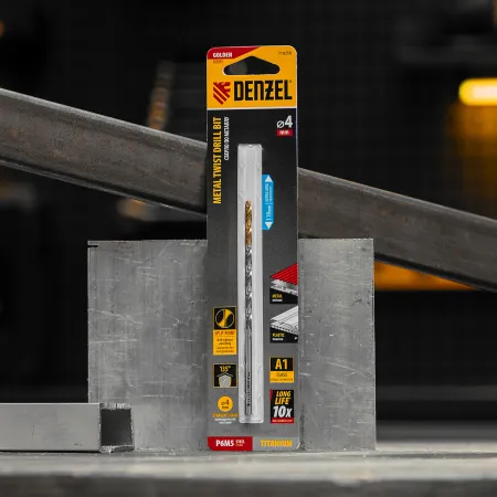 Сверло спиральное по металлу DENZEL 4 х 119 мм, Р6М5, Golden Tip, удлиненное