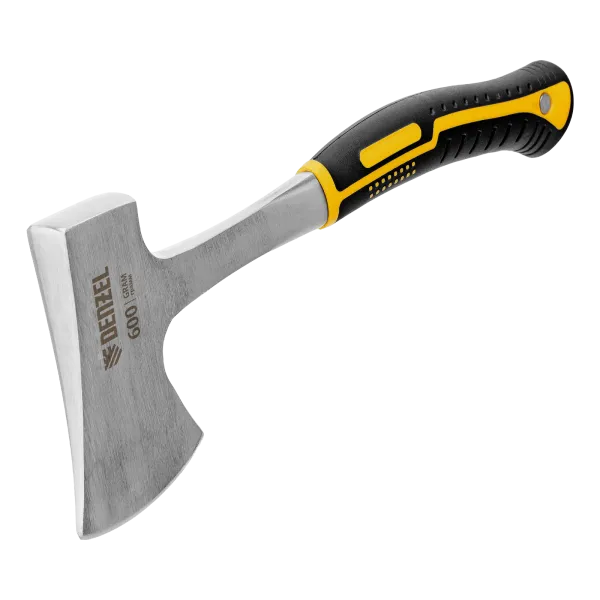 Топор цельнометаллический DENZEL, 600 г, двухкомпонентная обрезиненная рукоятка, изогнутый хват