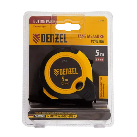 Рулетка DENZEL 5м х 25мм, двухкомп. корпус, кнопка-пауза