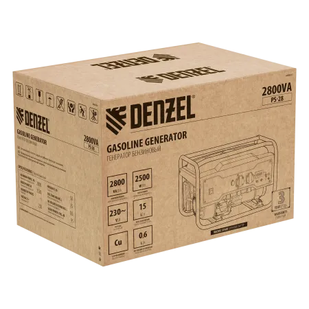 Генератор бензиновый DENZEL PS 28, 2.8 кВт, 230 В, 15 л, ручной старт