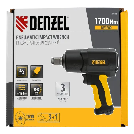 Ударный пневмогайковерт DENZEL IW1700, 3/4", 8500 об/мин, 1700 Нм