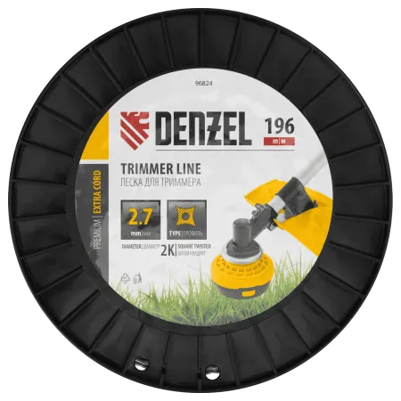 Леска для триммера DENZEL двухкомпонентная витой квадрат, 2,7мм х 196м, на DIN катушке EXTRA CORD