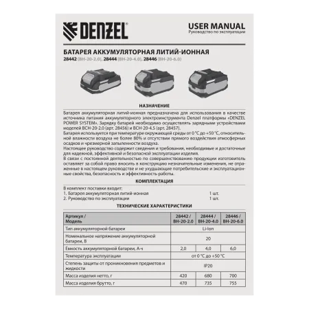Батарея аккумуляторная DENZEL BH-20-2.0, Li-Ion, 20 В, 2,0 Ач