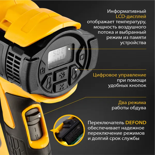 Фен технический DENZEL HG-2000E, 2000 Вт, 2 режима, LCD дисплей