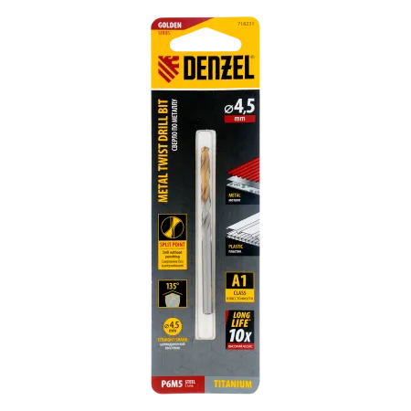 Сверло спиральное по металлу DENZEL 4,5 x 80 мм, Р6М5, Golden Tip