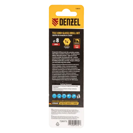 Сверло по керамической плитке DENZEL 8 мм, крестовая пластина, шестигранный хвостовик